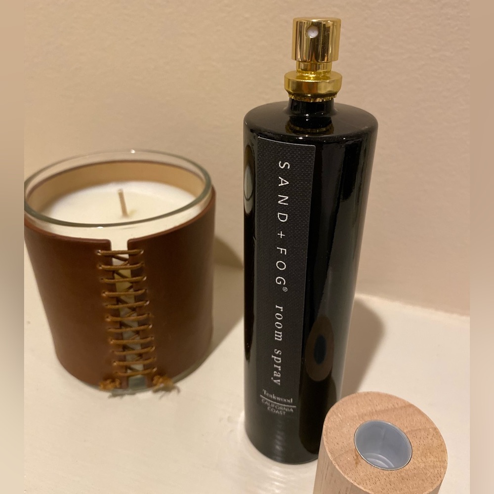 Leather covered teakwood candle & spray